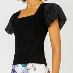Current Air Black Contrast Puff Sleeve Sweater Top